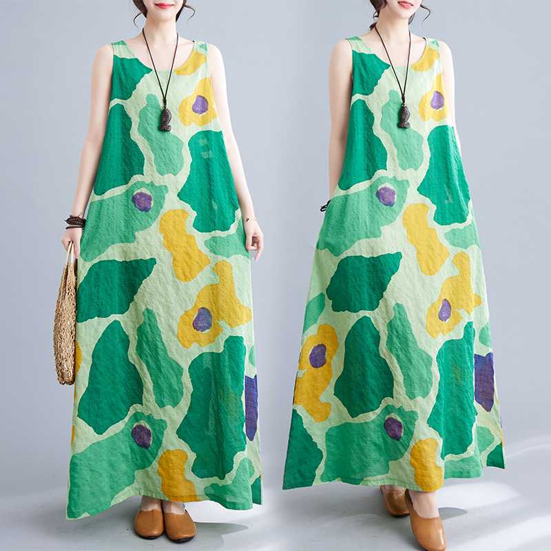 

Summer Loose Printed Sleeveless Cotton and Linen Dress 2XL зелений