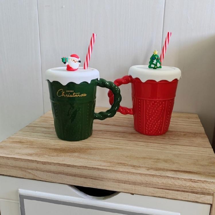 Christmas Ceramic Mugs Large 400ml Capacity Festival Christmas Theme Ceramic Mugs with Lid for Hot Beverage