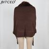 BITCED Fall/Winter Fringe Cape Shawl with Fur Collar Solid-Color Knit Sweater Jacket