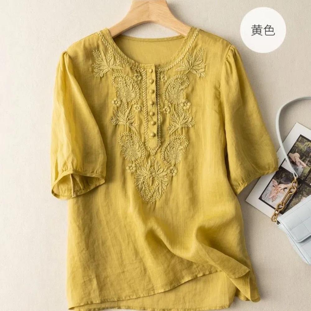

Short Sleeve Summer Literary Retro Loose Design Sense Embroidery Round Neck Thin Cotton and Linen Women s Top 2XL жовтий