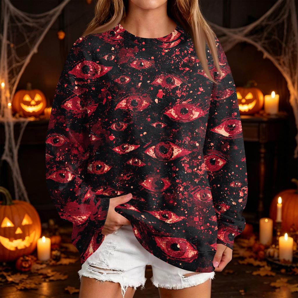 Women's Casual Round Neck Sweatshirt with Halloween Print, Long Sleeve Pullover for Festivals