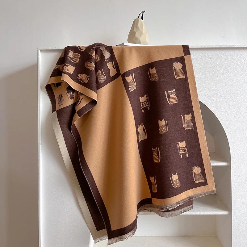 New Fashion Cute Cat Ladies' Jacquard Pashmina Cashmere Scarf Winter Thick Warmth Shawl Coldproof Windproof Blanket Scarf