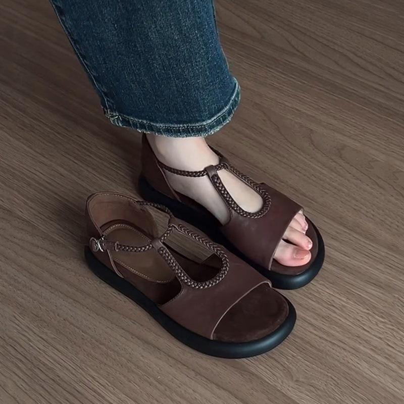 Sheepskin version~ niche design fashionable soft-soled sandals femininity elegant versatile woven one-word buckle Roman shoes