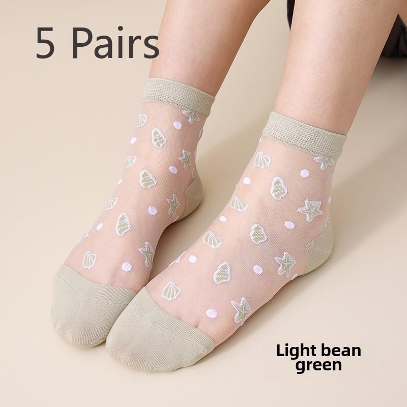 5 Pairs Women's Summer Thin Glass Fiber Midtube Socks Starfish Crystal Caisson Stockings