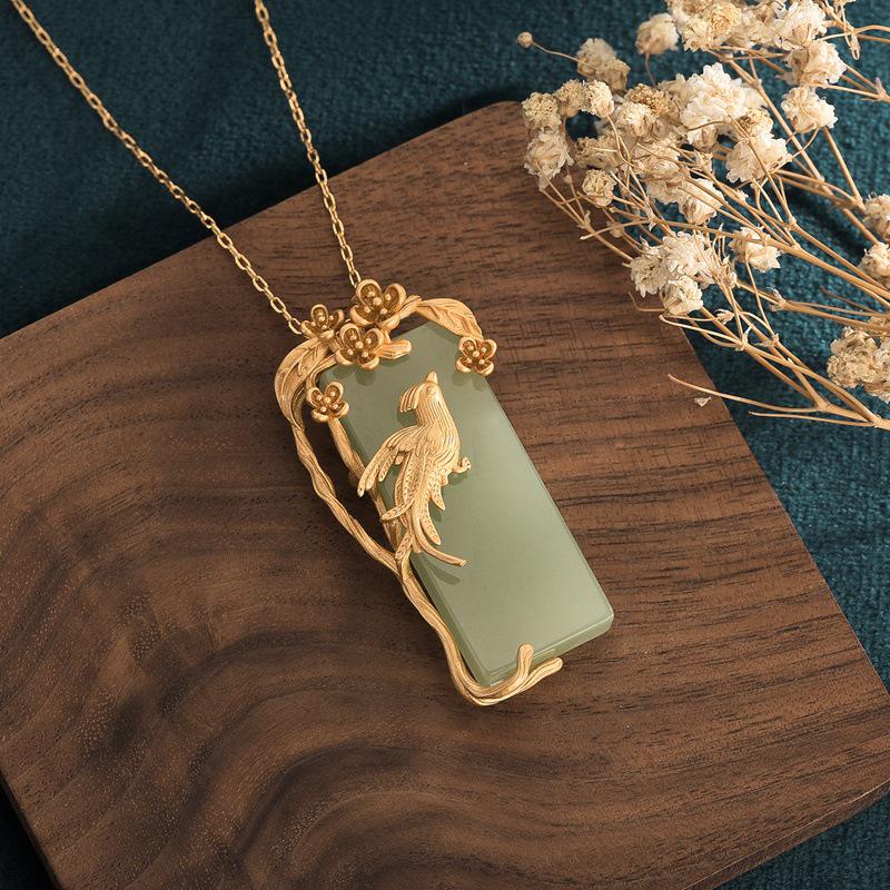 Chinese Court-Style Magpie & Flower Jade Pendant Necklace