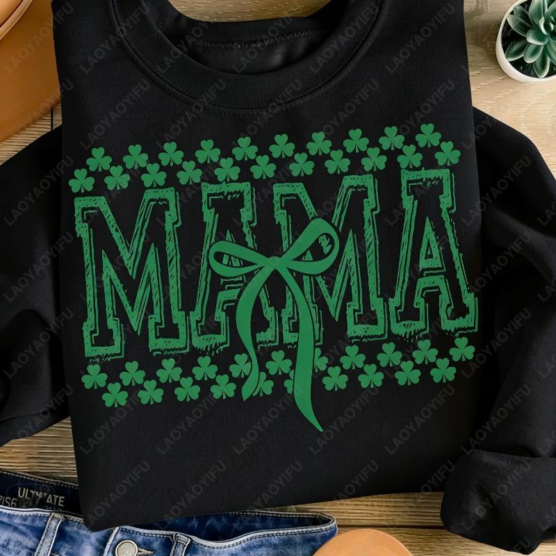 Mama Varsity Shamrock Coquette St Patricks Day Retro Women Hoody Classics Coquette Bow Pattys Day Casual Winter Women Pullover S