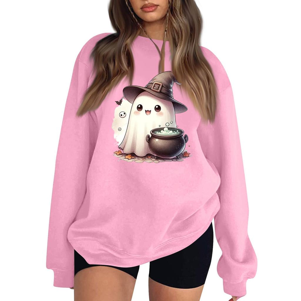 Women's Neck Long Sleeve Loose Fit Casual Sweatshirt Pullover Top with Halloween Print