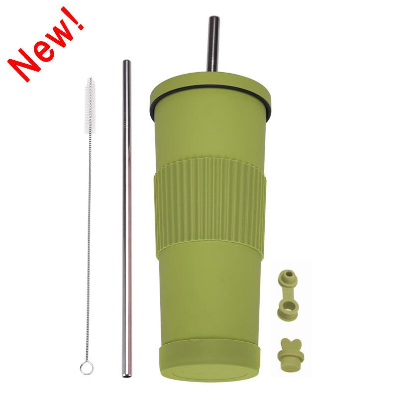 830Ml Stainless Steel Straw Cup Large Capacity Non-Slip Sleeve Straw Thermos Cup Simple Car Water Cup