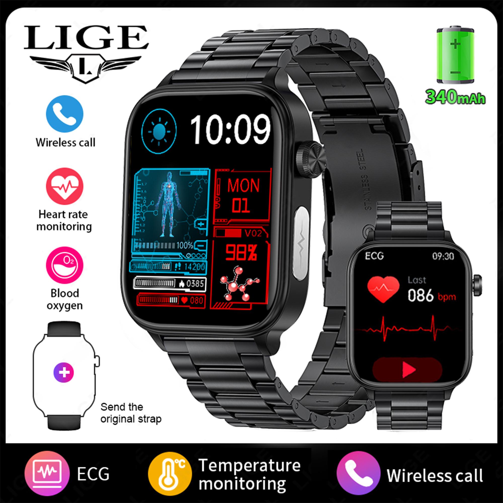 

LIGE ECG Мужские Смарт-часы Водонепроницаемые SOS Функция Первой Помощи Спорт Bluetooth Вызов Женские Смарт-часы steel strap чёрный