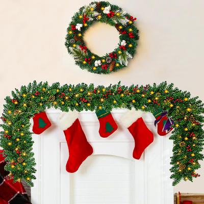 270CM Christmas Artificial Pine Garland with LED Light Red Berries Pinecone Glowing Faux Pine Needle Rattan Mantle Fireplace Porch Hanging Decoration