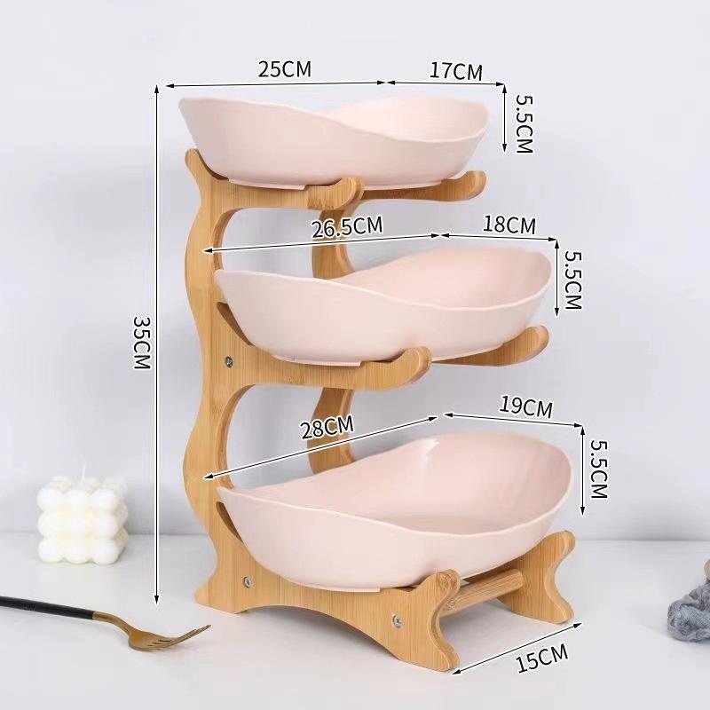 Creative Multi Tier Fruit Bowl European Ceramic Dessert Plate Bamboo Wood Rack Home Candy Bowl Fruit Basket
