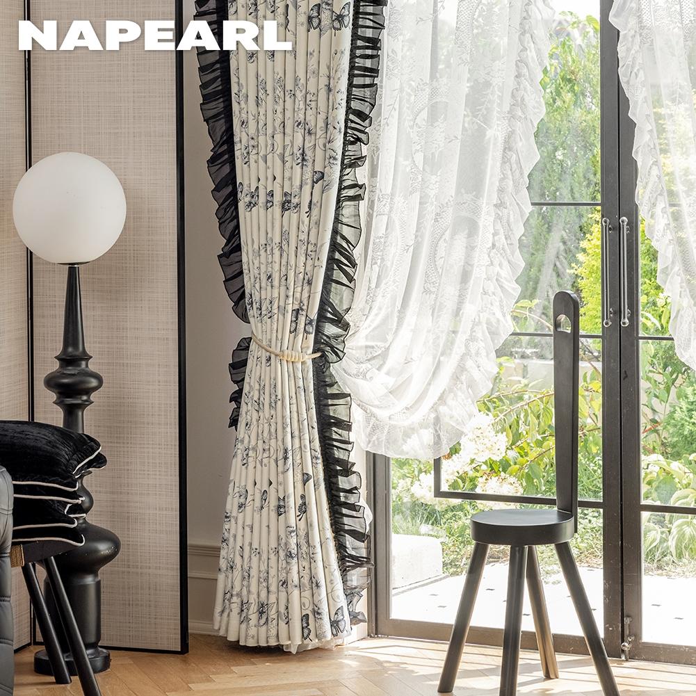 1PC NAPEARL 70-80% Blackout French Romantic Retro Fluture Secret Realm Printed Volane Perdele pentru dormitor Living Room Decor