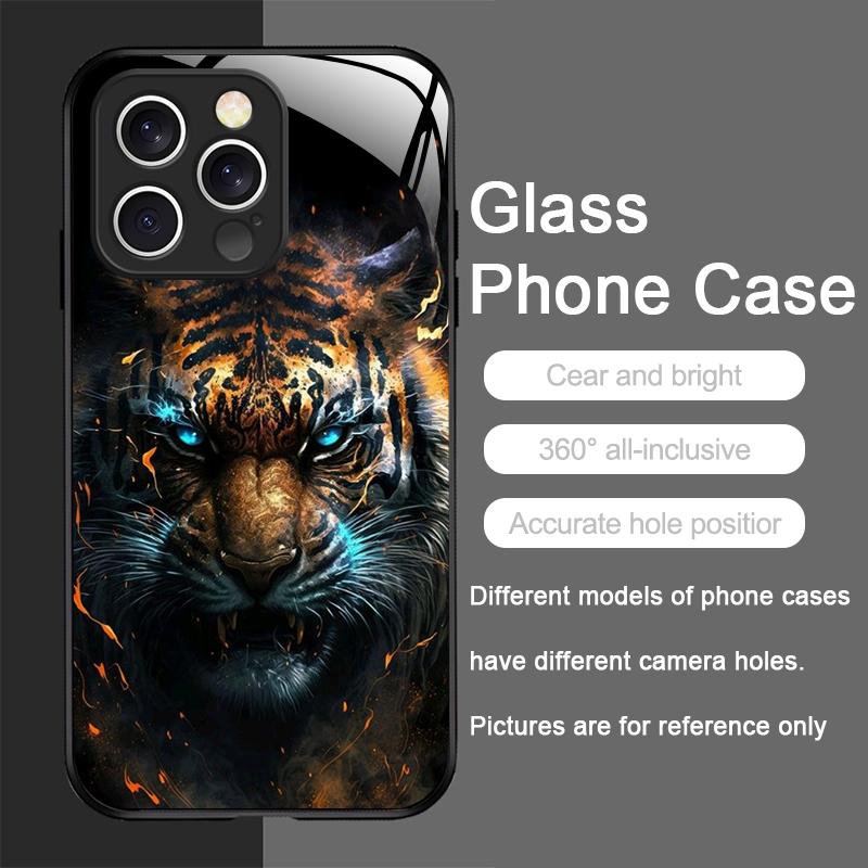 Golden Black Tiger Stripe Flame Pattern Tempered Glass Phone Case for IPhone 17 16 Pro Max 15 14 13 12 Mini 11 X XS 14Plus Cover