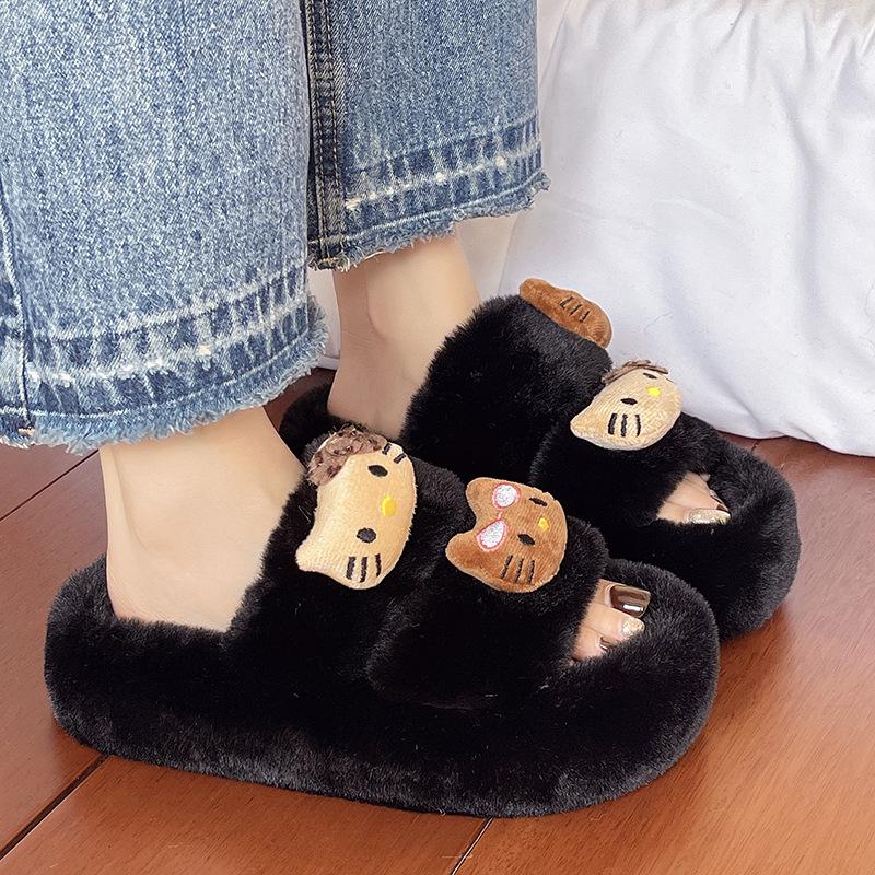 Leopard print thick bottom one-word fluffy slippers women wear 2025 new spring, autumn and winter indoor home Internet celebrity cotton slippers