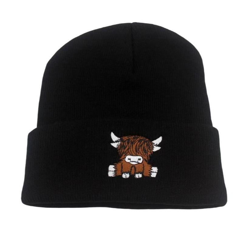 Autumn and winter pullover cold hat Scottish Highland cattle embroidered knitted hat neutral thermal knitted hat