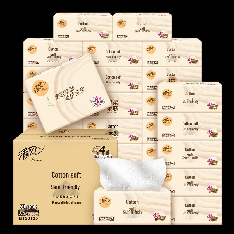 Qingfeng Soft Cotton 4-Ply Facial Tissues, 30 Packs