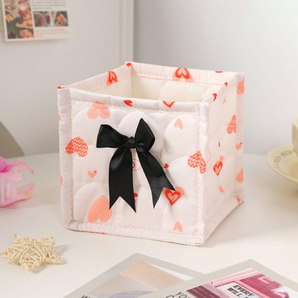 Square Desktop Storage Basket Bowknot Pattern Storage Frame Cute Organizer Box  Home Decoration