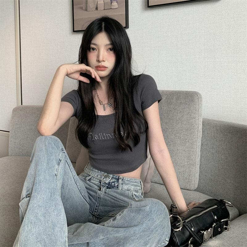 Square Collar Summer Short Sleeve Slim Fit Sexy Women Letter Printed Crop Top T Shirt