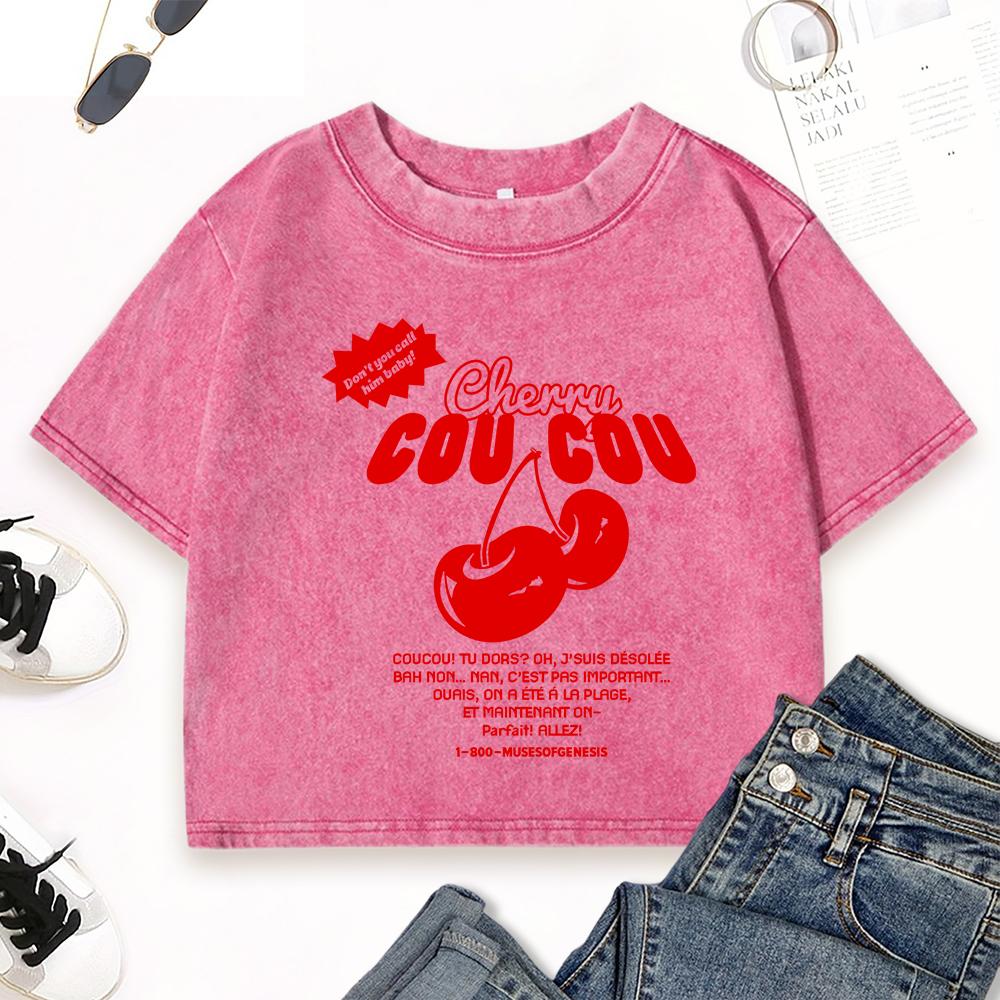 Cherry Cou Fresh Fruit Print Washed Tee Shirt Womens Y2K Comfortable T-Shirts Cotton Casual Clothes Short Sleeve