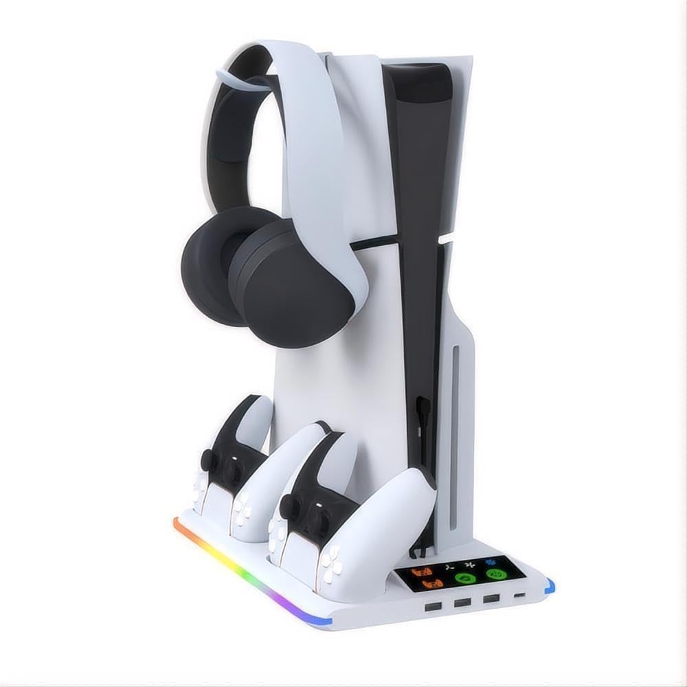 with PS5 3 USB 1 Charging Stand with Vertical Cooling Dual Controller Charging Station with LED Console Support [Compatible PS5/Slim/Pro] + Type-C