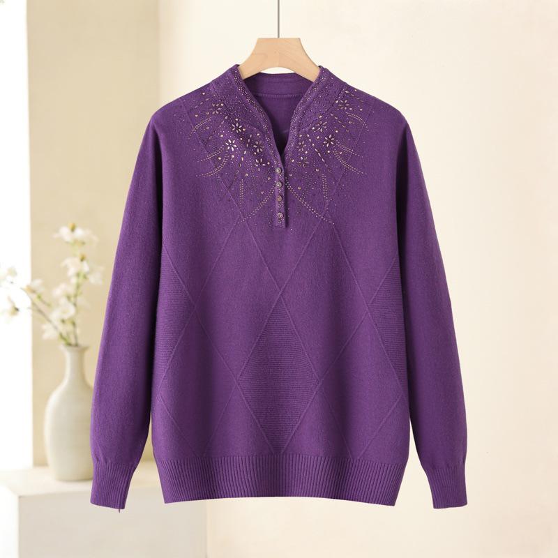 2026 Stylish Knit Qipao Collar Top for Middle-Aged and Elderly Women - Fashionable Autumn/Winter Sweater