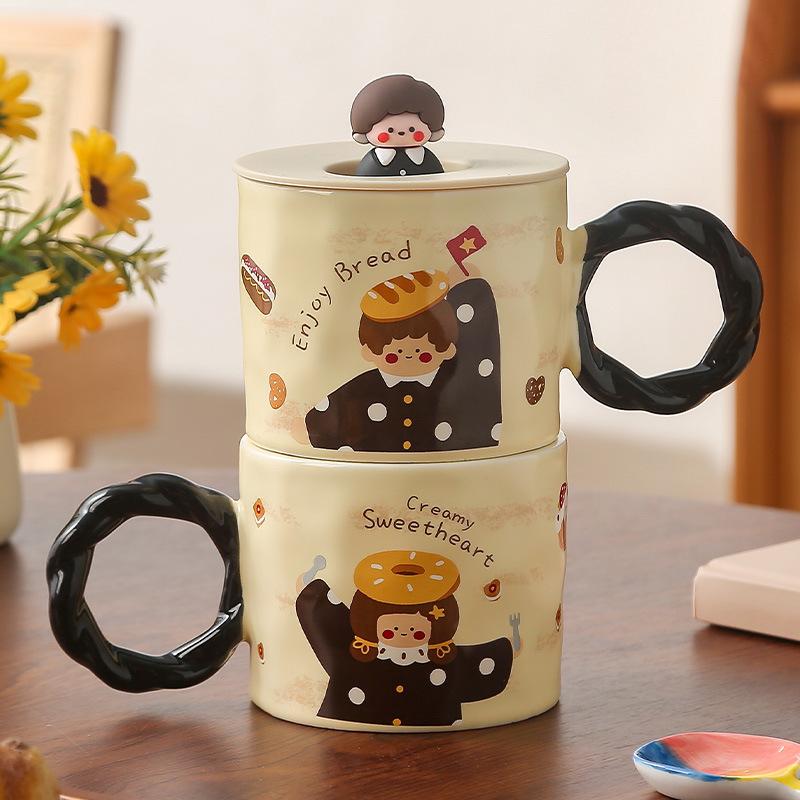 Retro Girl Ceramic Mug with Lid High looking Couple Water Cup Couple Home Breakfast Coffee Cup Boy