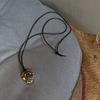 Abstract Hollow Metal Pendant Necklace Black PU Leather Cord Neckchain Adjustable Sewater Chain Fashionable Choker