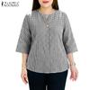 ZANZEA Damen Karo-Print Lässige Rundhals-Bluse mit 3/4-Ärmeln