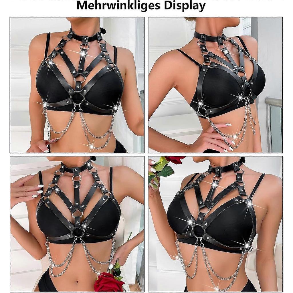Punk Layered Chest Chain,Leather Bra CageStyle Shoulder Strap,Harness Nightclub