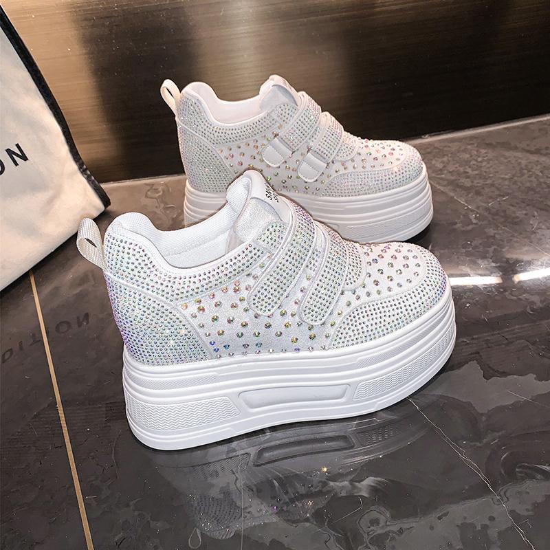 Fashion 10cm Microfiber Platform Heel Wedge Shoes Sneakers Pumps White Platform Crystal Pumps Shoes Women Zapatos De Mujer