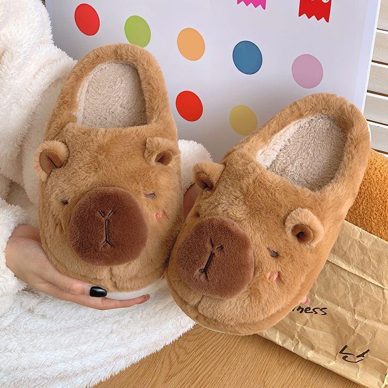 Capybara Hausschuhe Rutschfeste Kugelfisch Damen Kinder Zuhause Baumwollschuhe Jungen Mann Niedliche Kapibala Mädchen Plüschhausschuhe 36-37 braun