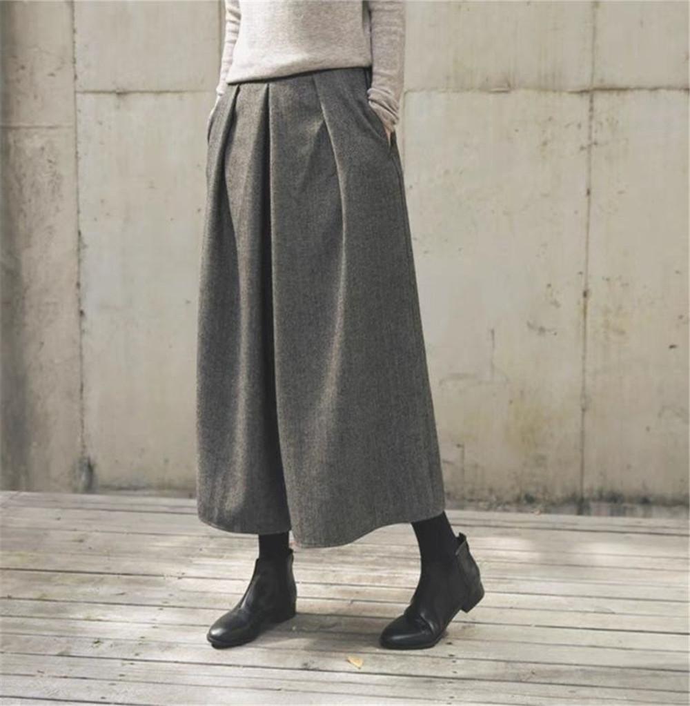 Loose Woolen Wide Leg Skirts Pants Women Pleated Casual Pants Winter Autumn Straight Trousers Elastic High Waist Fat Leg Pants