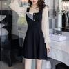 French Retro A-line Black Dress with Mesh Splicing & Long Sleeves
