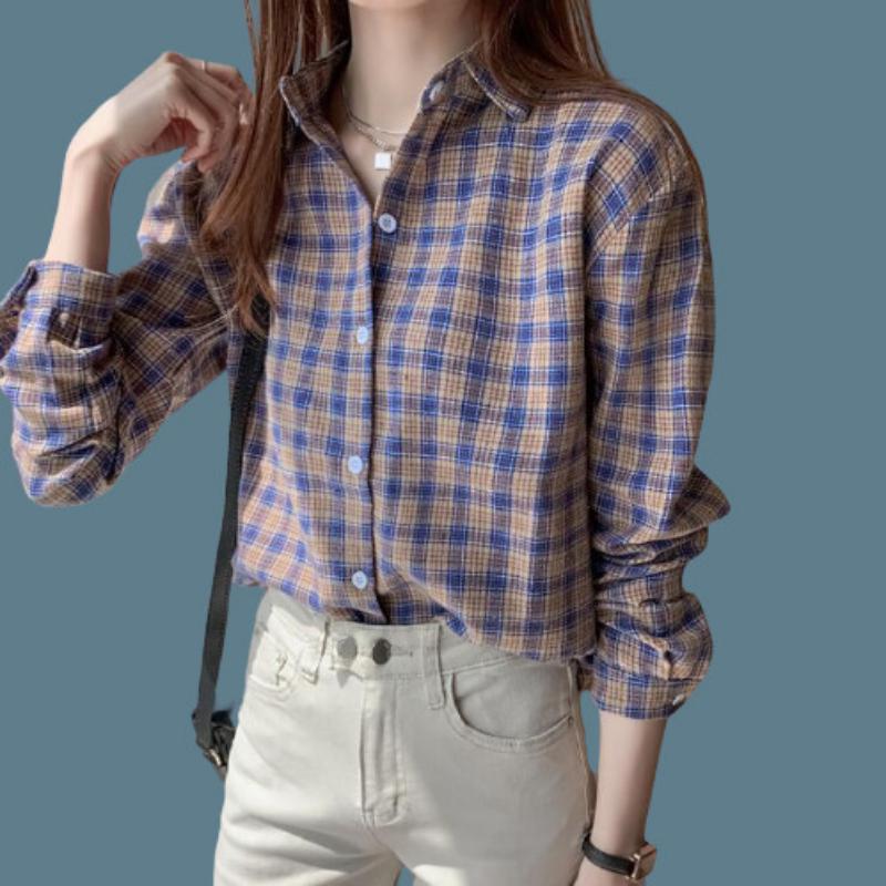 WTEMPO New Casual Plaid Shirt Women's Long-sleeved Korean Version Loose Large Vintage Versatile Top