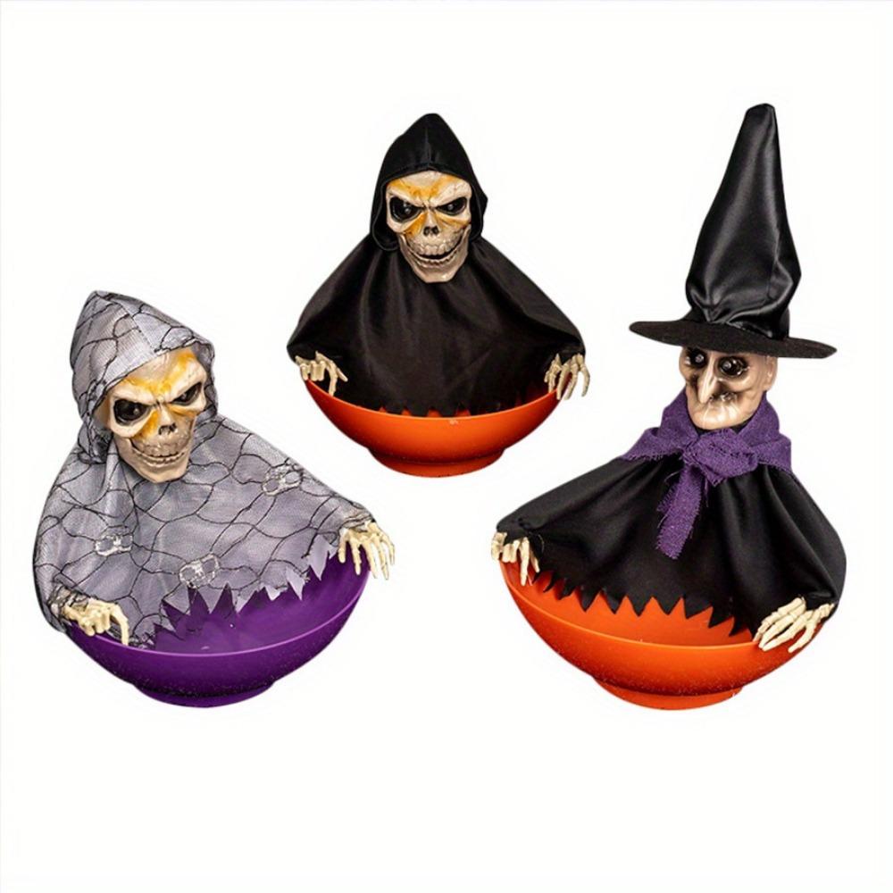 Scary Skeleton Candy Holder with Screaming Skull and Light Up Red Eyes Creepy Motion for Halloween Decoration Moving Skeleton