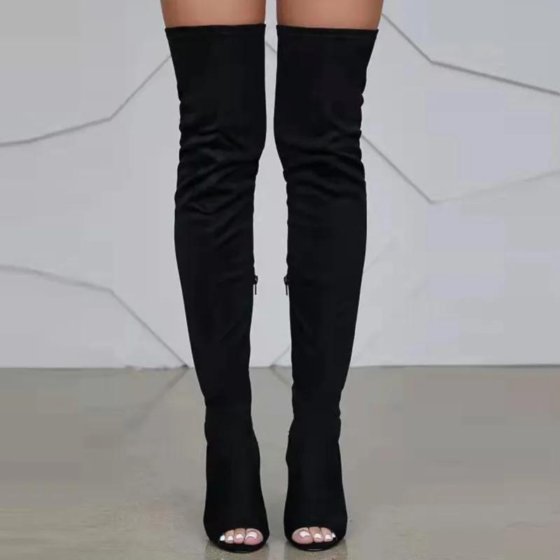 Stivali da Donna Alti Fino al Ginocchio Peep Toe alla Moda Taglie Grandi 34-46 Zip Laterale Elastici Stivali Lunghi Scarpe da Donna