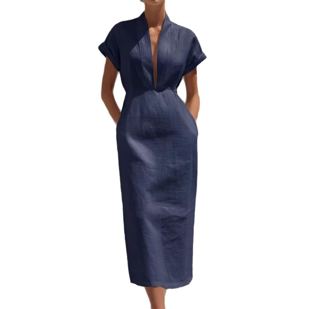 Frühlings-Damen-Einfarbiges Bodycon-Midikleid, Elegantes V-Ausschnitt-Taillenbetontes Langkleid für den täglichen Weg zur Arbeit, Europäischer Amerikanischer Stil