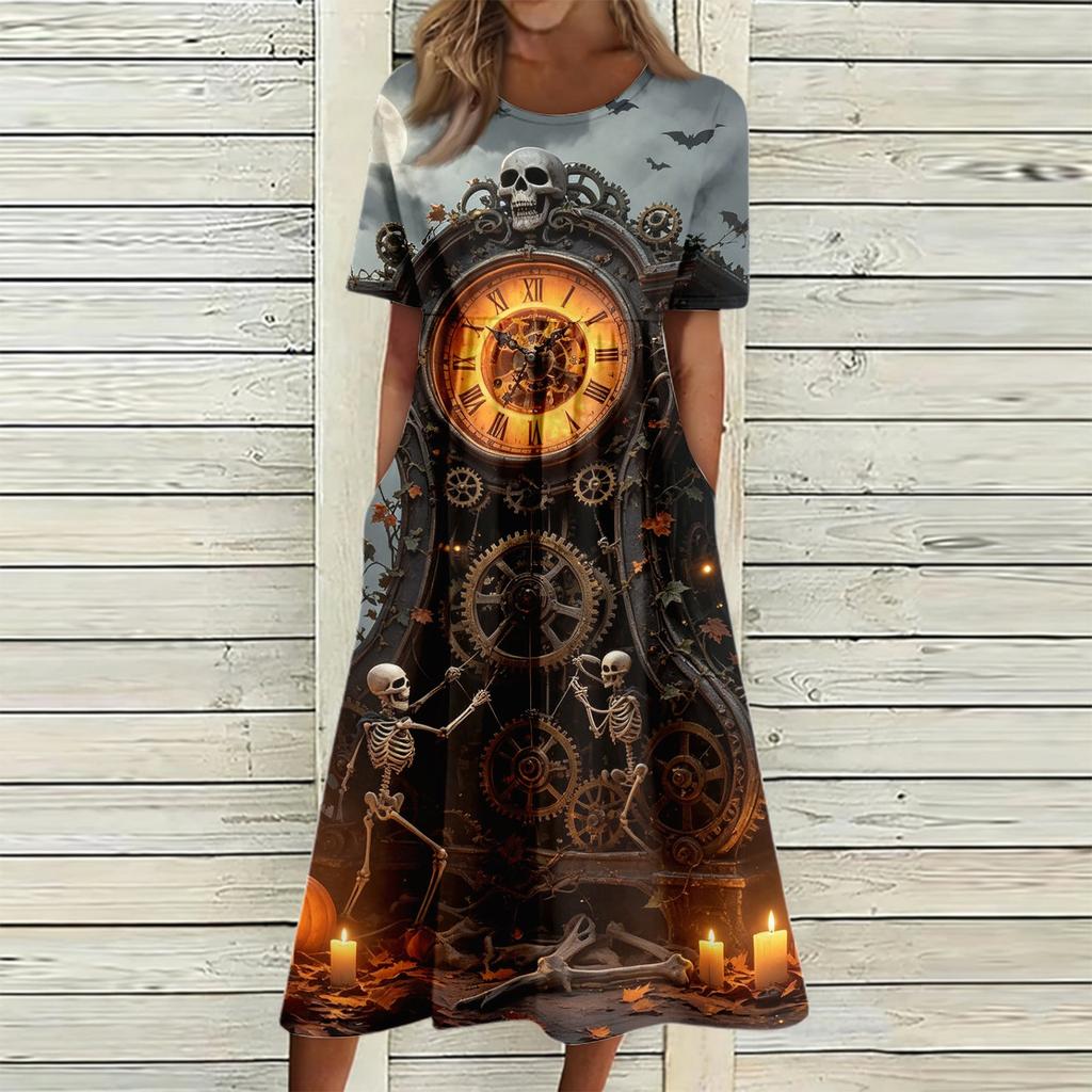 Damen Casual Halloween-Print Rundhalskleid mit Taschen