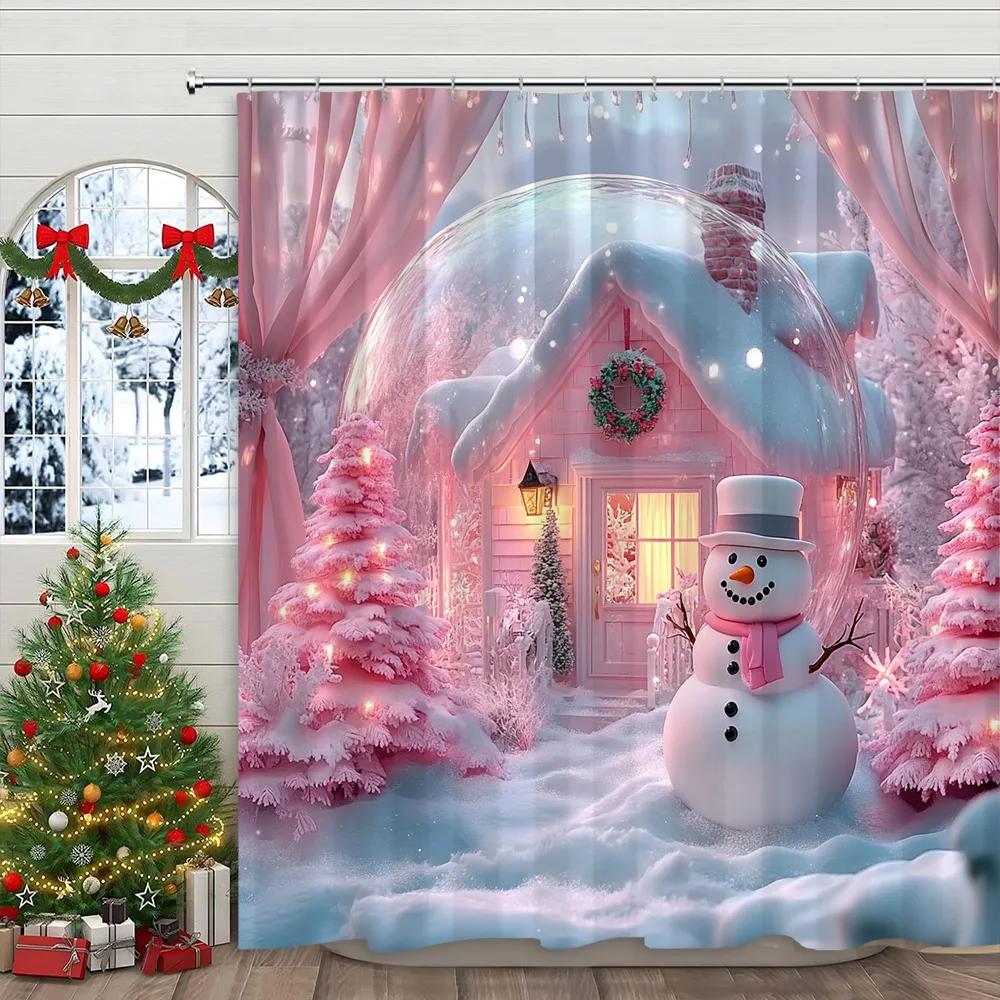 Christmas Snowman Shower Curtain Santa Claus Christmas Gifts Snow Printed Polyester Fabric Home Decor Shower Curtain With Hook