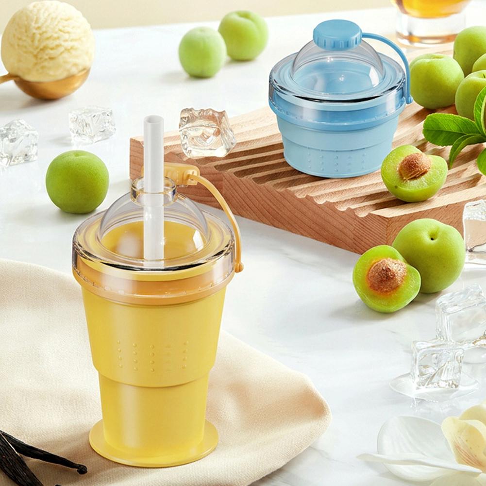 2-in-1 Collapsible Silicone Ice Ball Cup Reusable Portable Ice Sphere Mold with Straw Lid for Coffee Juice Drinks
