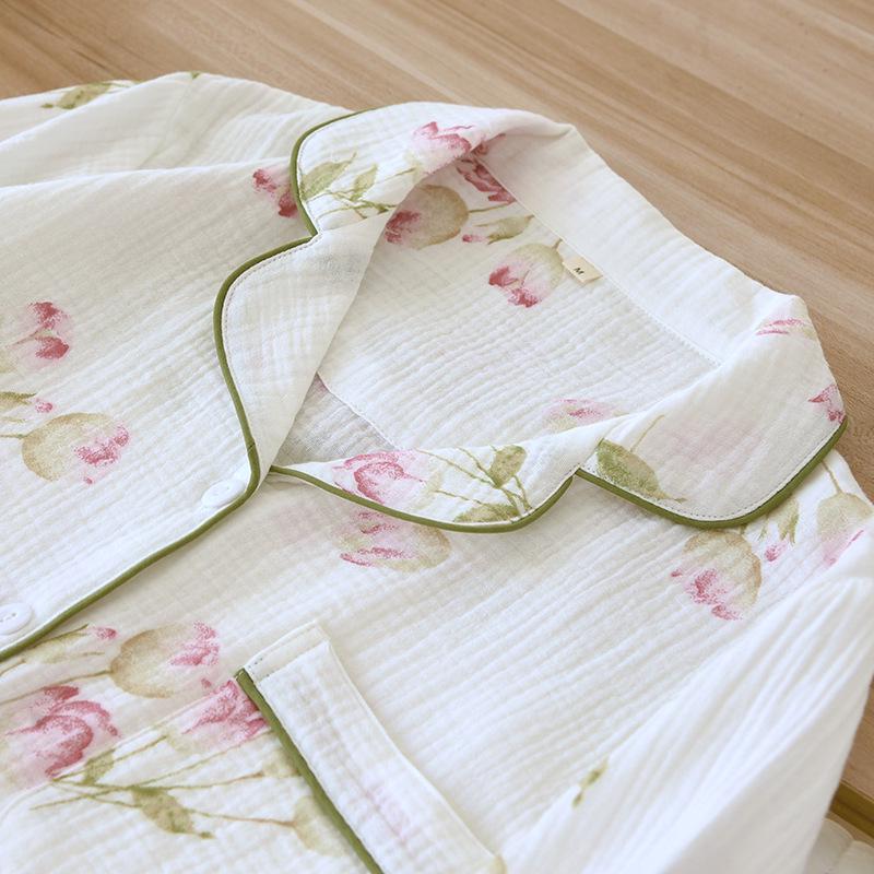 Dámská pastorální pyžamová souprava - Dlouhý rukáv, dvouvrstvý krep, čistá bavlněná gázovina na jaro, léto, podzim.