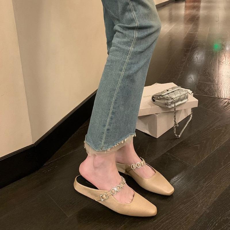 Sheepskin 4cm inner height increase half slippers rhinestone word with shallow mouth versatile bag head slippers