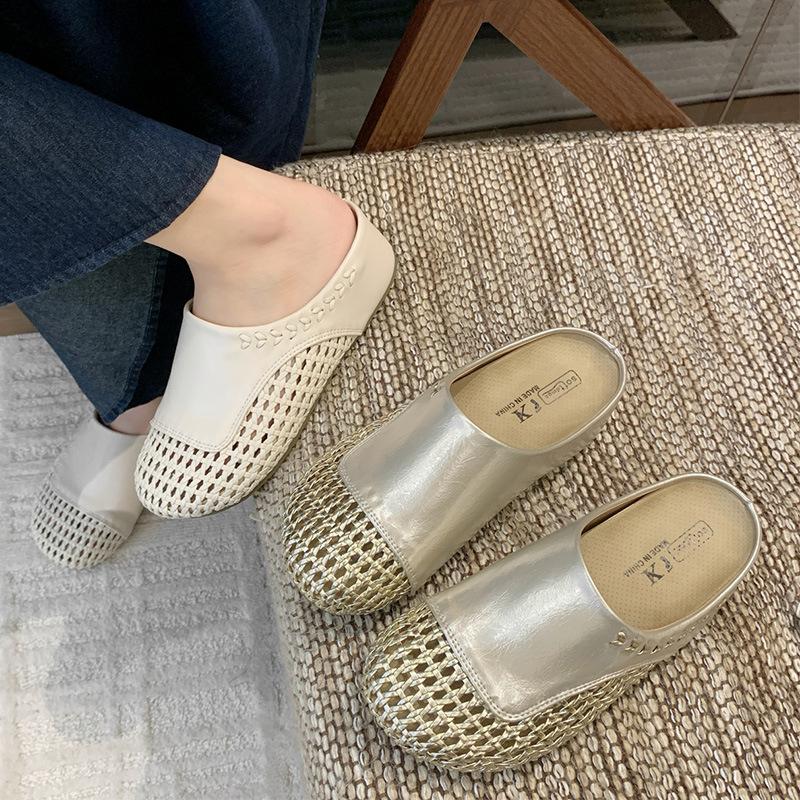 Thick bottom inner height increase one pedal woven hollow breathable cool slippers women's summer wear 2025 new bag head half slippers