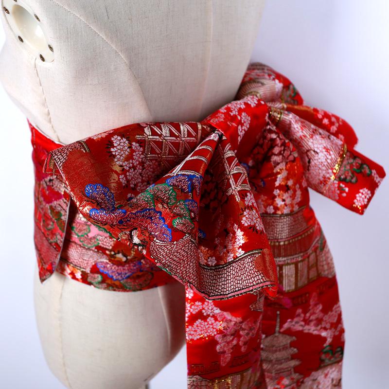 Japanese Kimono Obi: Brocade Jacquard Taiko Bow with Floral Knot Trim