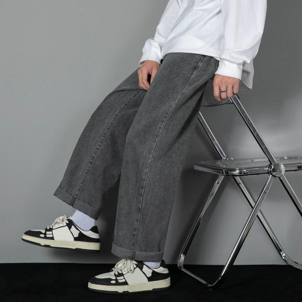 Men Pants Straight Wide Leg Loose Deep Crotch Solid Color Retro Soft Breathable Button Zipper Closure Streetwear Men Long Trouse
