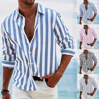 Men Spring Fall Shirt Turn-down Collar Color Matching Striped Print Long Sleeves Single-breasted Loose Cardigan Business Top