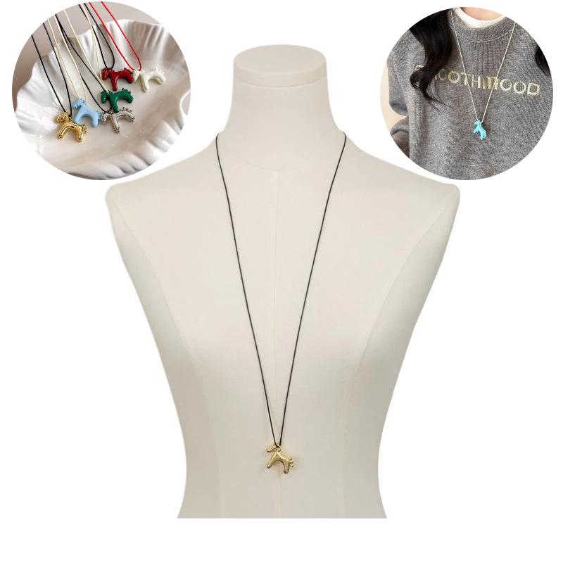 1PC Minimalism Enamel Drip Glaze Colorful Horse Pendant Long Necklace Adjustable Sweater Chain Simple Jewelry Accessory Gifts