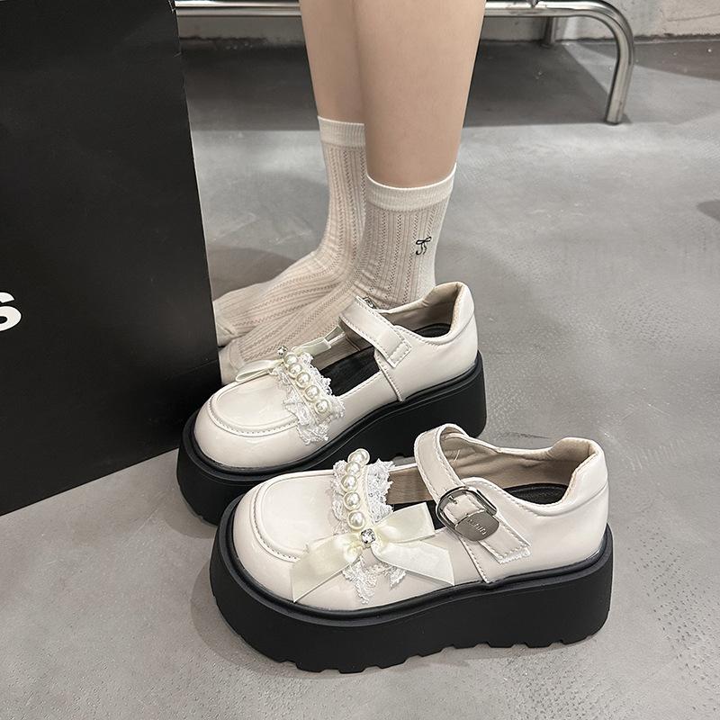 White Versatile Platform Small Leather Shoes Women's Bow Japanese Lolita Jk Shallow Mouth Mary Jane Shoes Buckle Loafers