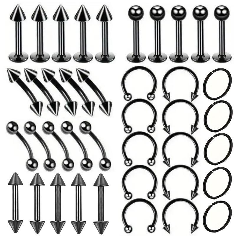 40-teiliges gemischtes Set: Edelstahl Lippen- und Augenbrauenstecker, Ohrringe, Nasenringe, mit runden Kugeln, Spitzen und Kegeln.