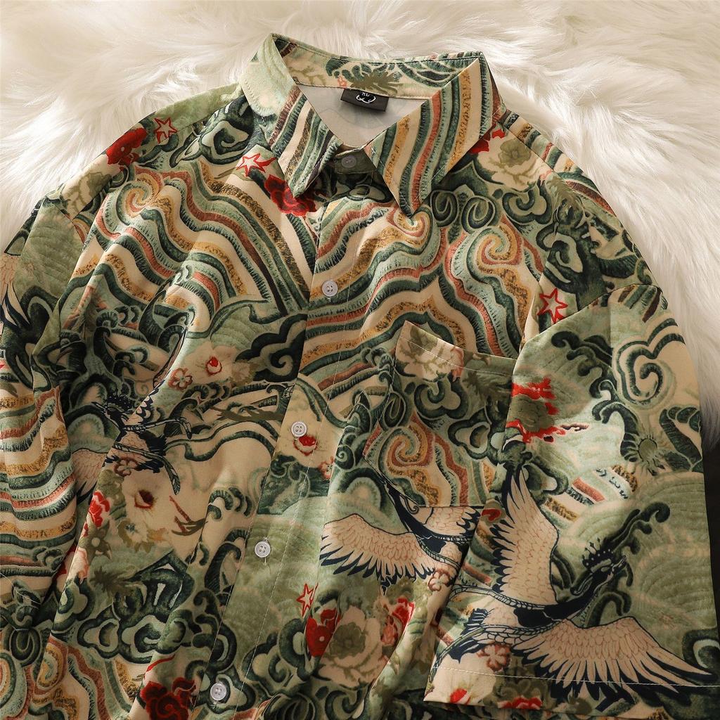 China-Chic Crane Printing Short Sleeve Shirt Women Summer Fashion Top